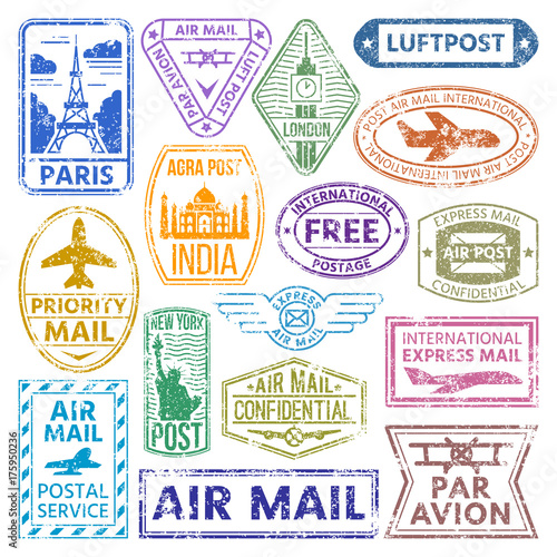 Cuadros en Lienzo different countries air plane post stamp delivery mail postmark illustration
