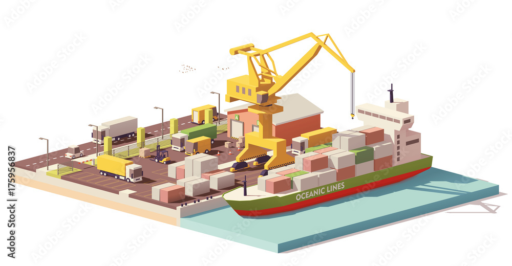 Vector low poly port container terminal and ship - obrazy, fototapety, plakaty 