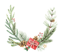 Wall Mural - watercolor vector christmas wreath with fir branches and place for text.