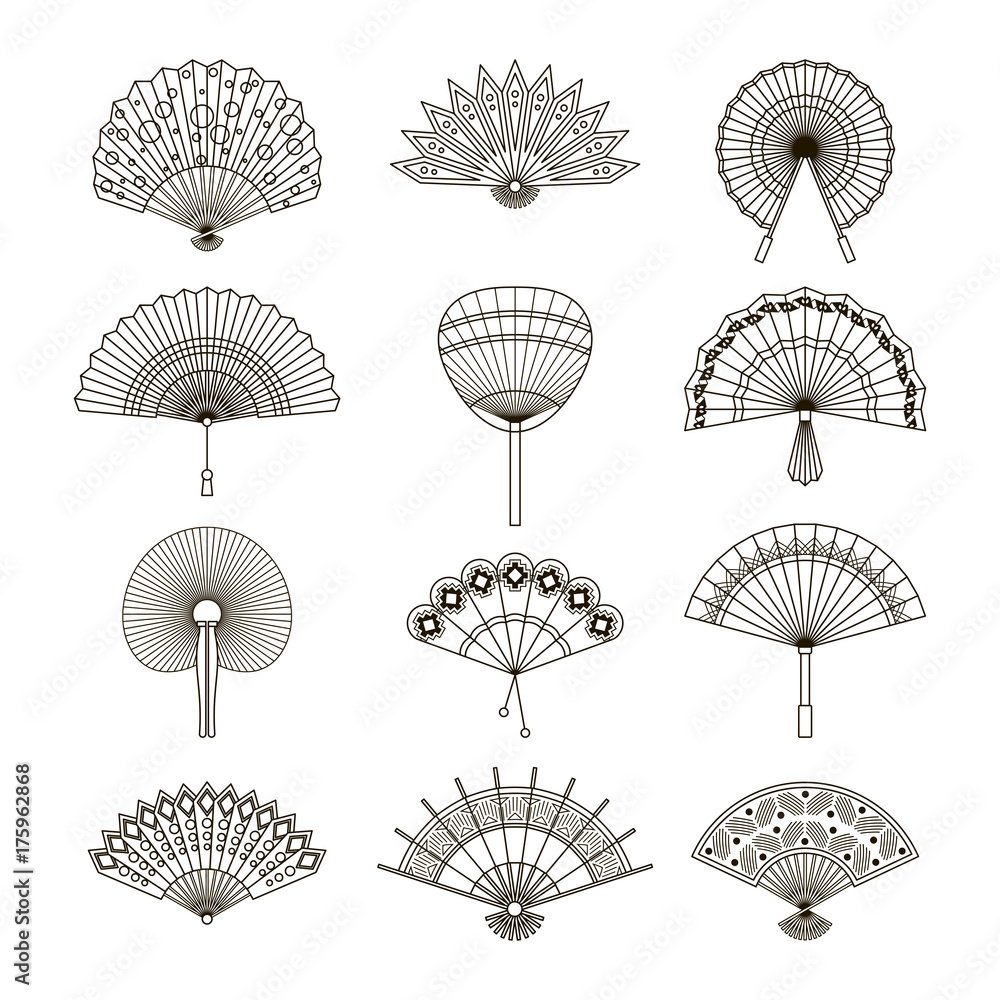 Hand paper fan vector icons. Chinese or japanese beautiful fans isolated.  Monochrome japanese souvenir fans illustration. Line style Stock Vector |  Adobe Stock, image size:1000x1000