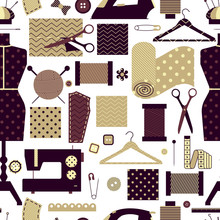 Vector Sewing Colorful Line Icons Seamless Pattern. Tailor Craft Objects. Atelier Equipment Illustration. Seamstress Design Collection. Sewing Machine Pin Iron Mannequin Scissors Hanger Tape Button.