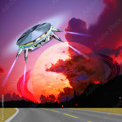 Zdjęcie XXL Niezidentyfikowany obiekt latający lądowania na drodze. Satelita nad krajobrazem planety świcie. Nieznana czerwona planeta z pierścieniem zbliżającym się do Ziemi. 3d ilustracja
