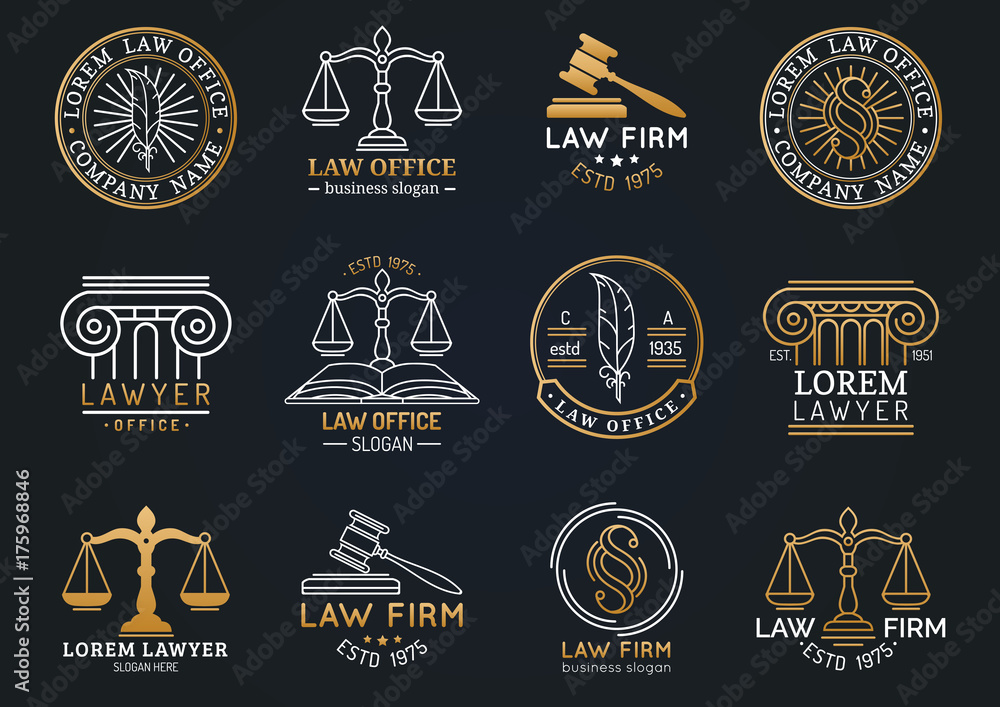 Law office symbols set with scales of justice, gavel etc illustrations ...
