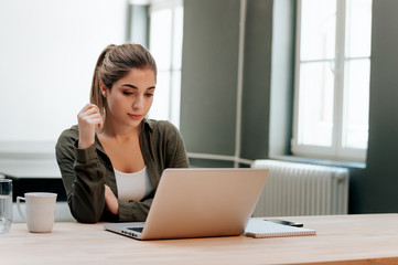 Wall Mural - Portrait of young woman sitting at her work desk and looking at laptop.