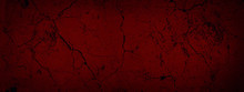 Red Dark Old Background With Cracked Paint. Red Black Vignetted Blank Aged Background. Long Format. Cracked Texture.