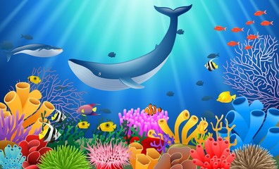 Wall Mural - Cartoon whale with Coral Reef Underwater in Ocean. Vector illustration