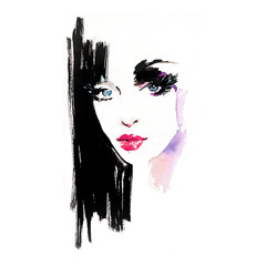 Woman portrait with pink lips. Hand painted watercolor. Fashion illustration background.