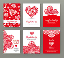 Set Of 6 Cards Or Banners For Valentine's Day With Ornate Red Lo