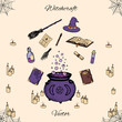 © Anastasia - Colorful hand drawn vector witchcraft set. Includes potions, herbs, books, witches hat and broom, candles, magic wand and cauldron with bubbles. Halloween line art.