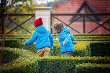 Poster - Two children, boys, running happily in labyrinth in the park