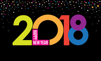 Happy 2018 new year. Bright festive colors on black background.