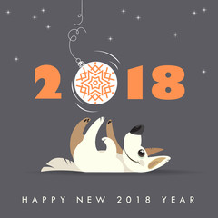 Wall Mural - Cute dog plays with Christmas ball. Happy 2018 new year. Holidays greeting card.