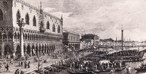 Zdjęcie XXL Wenecja, Włochy: Panorama z Riva degli Schiavoni. Druk z XVIII wieku.