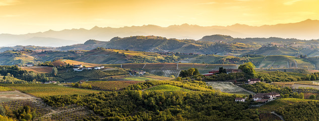 wide panorama of Langhe region in northern italy, on autumn,unes