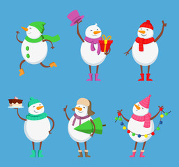 Poster - Vector mascot design of funny snowmen. Xmas characters set