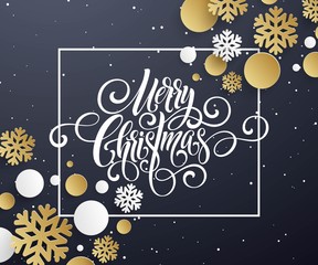 Merry Christmas handwriting script lettering. Golden, white, black Christmas greeting background with snowflakes. Vector illustration 