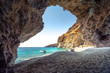 Amazing summer view from a cave at Iligas beach with magical turquoise waters, South Chania, Crete, Greece.