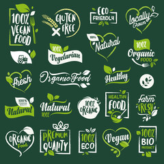 Wall Mural - Set of signs and elements for organic food and drink, restaurant, food store, natural products, farm fresh food,  e-commerce, healthy product promotion.