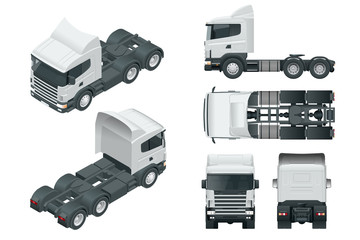 Wall Mural - Truck tractor or semi-trailer truck. View front, rear, side, top and isometry front, back.. Cargo delivering vehicle template vector isolated on white