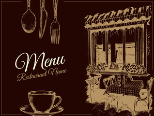 Restaurant menu design. Vector menu brochure template for cafe, coffee house, restaurant, bar. Food and drinks logotype symbol design. With a sketch pictures