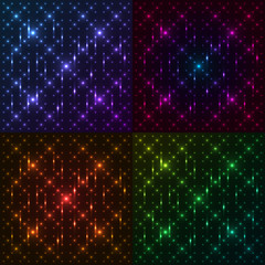 Wall Mural - Set of bright, shining and glaring abstract patterns with circles. Beautiful decorative rounds on dark cosmic background. Vector EPS10 file.
