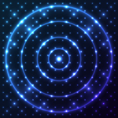 Wall Mural - Bright, shining and glaring abstract pattern with circles. Beautiful decorative rounds on dark cosmic background. Vector EPS10 file.
