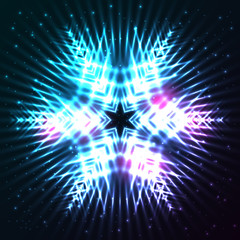 Wall Mural - Bright, shining and glaring abstract snowflake. Beautiful decorative cosmic star on dark background. Vector EPS10 file.