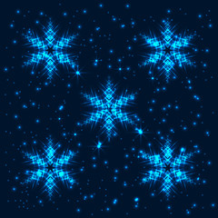 Wall Mural - Bright, shining and glaring abstract background with 5 snowflakes. Beautiful decorative cosmic stars on dark background. Vector EPS10 file.