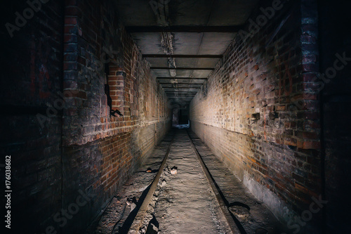 Fotomural Dark scary corridor in abandoned industrial ruined brick factory, creepy interio