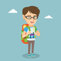 Sticker - Young caucasian traveler woman standing with a backpack and binoculars. Smiling traveler woman enjoying her recreation time. Happy woman during summer trip. Vector cartoon illustration. Square layout.