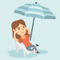 Canvas Print - Young caucasian woman sitting on the chaise-longue under beach umbrella. Happy woman resting on the chaise-longue with folded arms behind her head. Vector cartoon illustration. Square layout.