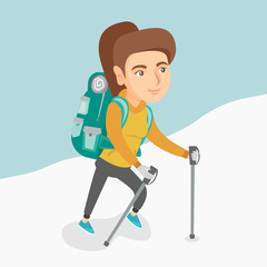 Canvas Print - Caucasian mountaineer climbing a snowy ridge with help of hiking poles. Young mountaineer with a backpack and trekking poles walking up along a snowy ridge. Vector cartoon illustration. Square layout.