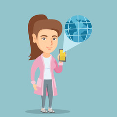 Canvas Print - Young caucasian woman holding a smartphone with a model of the planet earth coming out of the device. Concept of international technology communication. Vector cartoon illustration. Square layout.