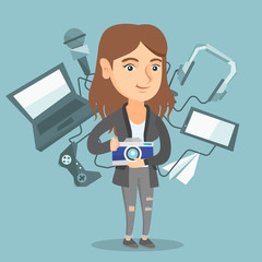 Poster - Caucasian woman taking photo with a digital camera. Woman surrounded by her gadgets. Woman using many electronic gadgets. Girl addicted to modern gadgets. Vector cartoon illustration. Square layout.