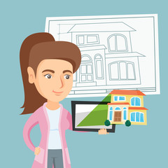 Sticker - Young caucasian business woman showing a digital tablet with a house photo. Real estate agent holding a digital tablet with a house photo. Vector cartoon illustration. Square layout.