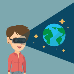 Poster - Young caucasian gamer wearing futuristic virtual reality headset and looking at open space with earth model and stars. Happy woman playing virtual game. Vector cartoon illustration. Square layout.