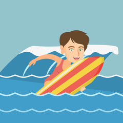 Poster - Young caucasian woman having fun during execution of a move on an ocean wave. Happy surfer in action on a surfboard. Lifestyle and water sport concept. Vector cartoon illustration. Square layout.