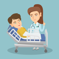 Sticker - Young doctor visiting a patient in a hospital room. Doctor pointing finger up during consultation with a patient who lying on a hospital bed. Vector cartoon illustration. Square layout.