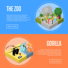 Public Zoo With Wild Animals And Visitors Isometric 3D Posters Set. People Near Elephant And Gorilla In Cages. Zoo Infrastructure Elements For Landscape Design, Outdoor Recreation Vector Illustration