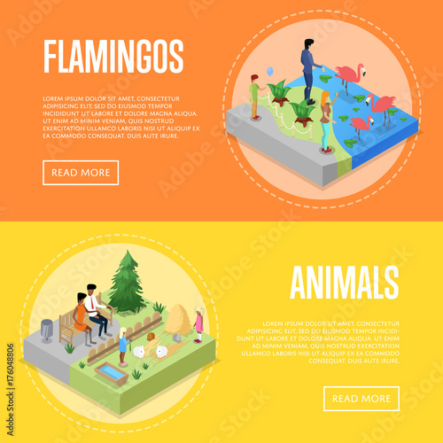 Obraz na plátne Public zoo with wild animals and visitors isometric 3D posters set