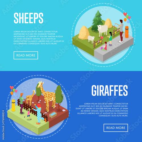 Obraz na plátne Public zoo with wild animals and visitors isometric 3D posters set