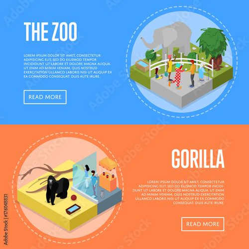 Fotografia, Obraz Public zoo with wild animals and visitors isometric 3D posters set