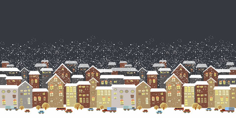 Winter Christmas landscape with fairy tale houses.