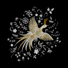 Naklejka na meble phoenix, firebird. white lace Traditional stylish fashionable embroidered embroidery on a black background. sketch for printing on fabric, bag, clothes, accessories and design. trend vector