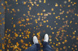 Man stands on wet asphalt road with colorful autumn season leaves on the floor. Point of view perspective used.