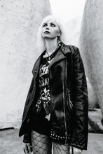Monochrome Portrait Of Stylish Blonde Grunge Young Woman 