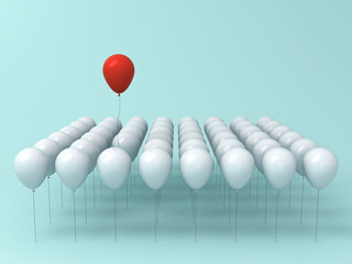 Leinwandbilder - Stand out from the crowd and different idea concept , One red balloon flying away from other white balloons on light green pastel color background with reflections and shadows . 3D rendering.