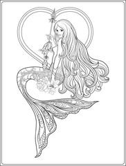 Hand drew mermaid with long hair. Stock line vector illustration