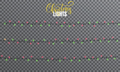 Wall Mural - Christmas lights. Realistic string lights design elements of red and green colors. Glowing lights for winter holidays. Shiny garlands for Xmas and New Year