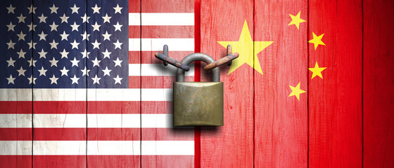 Canvas Print - USA and China flags on wooden door with padlock. 3d illustration